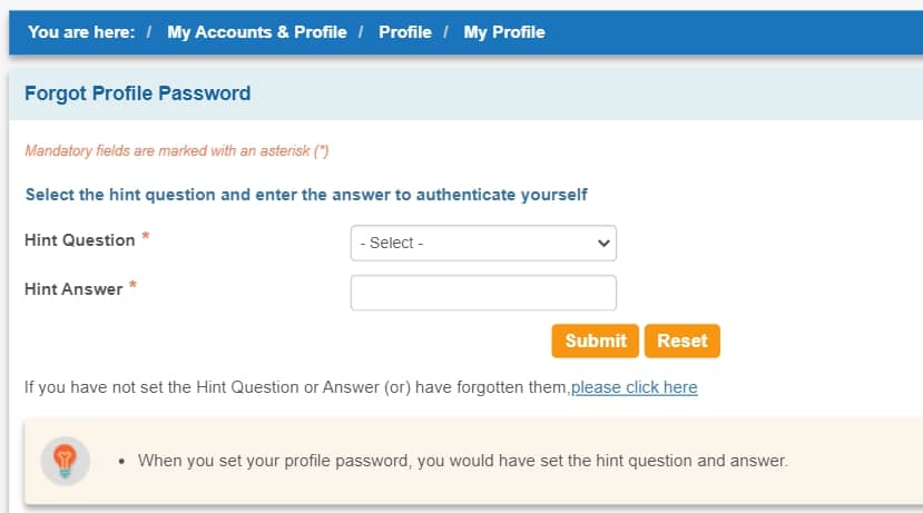 Reset profile password SBI