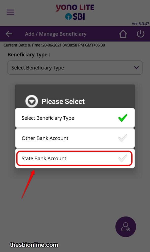 State bank account beneficiary add in SBI YONO Lite app