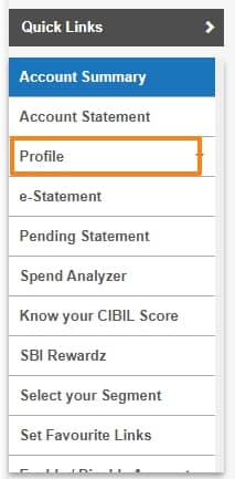 SBI personal Net banking profile tab