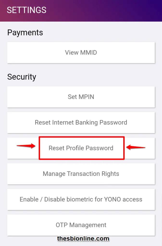 SBI YONO reset profile Password