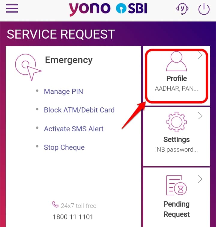 YONO SBI Profile section to add/ update email address