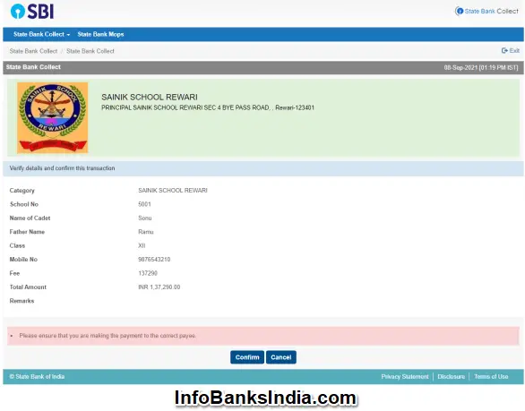 SBI collect Fee payment confirm