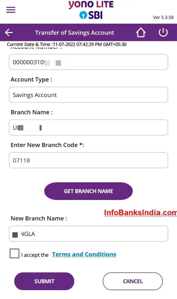 Confirm New Branch Code in Yono Lite