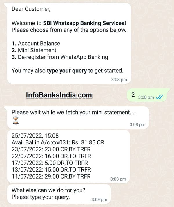 SBI WhatsApp Banking Mini Statement Check